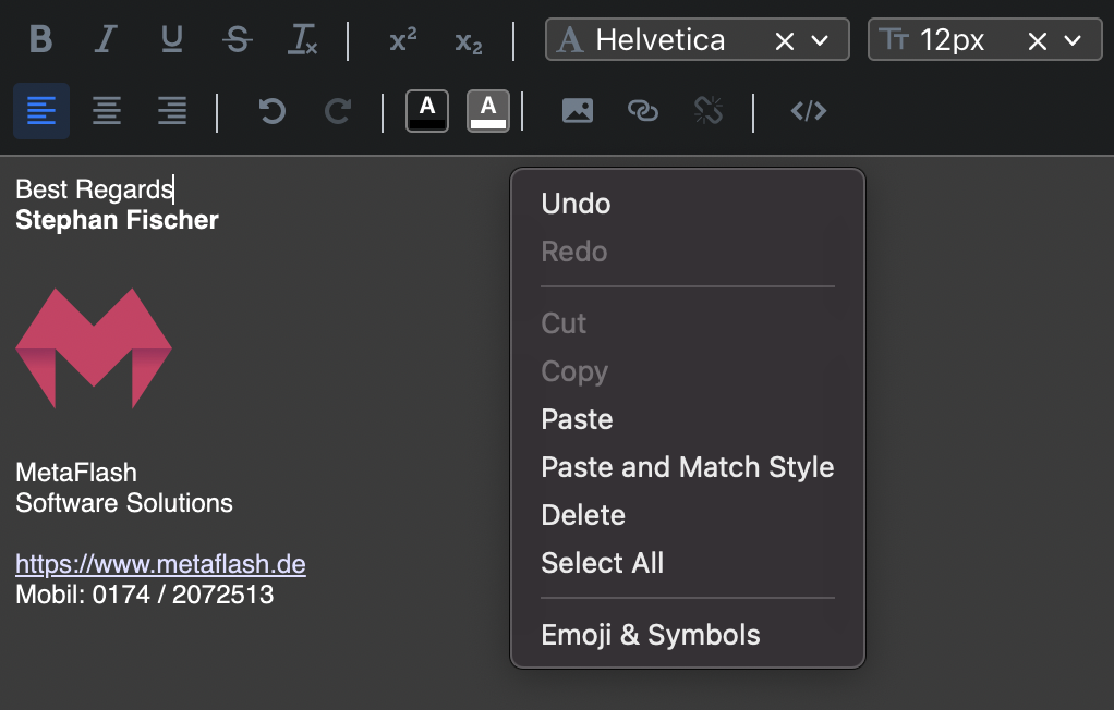 Visual Editor Window on Mail Signature App